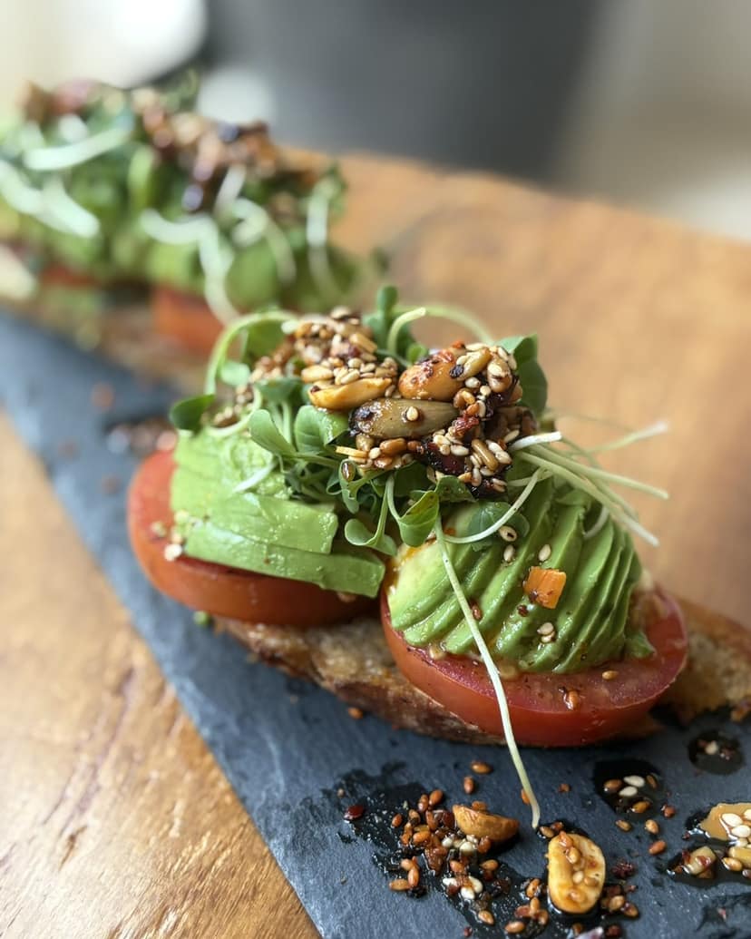Avocado and tomato on toasted bread with seeds