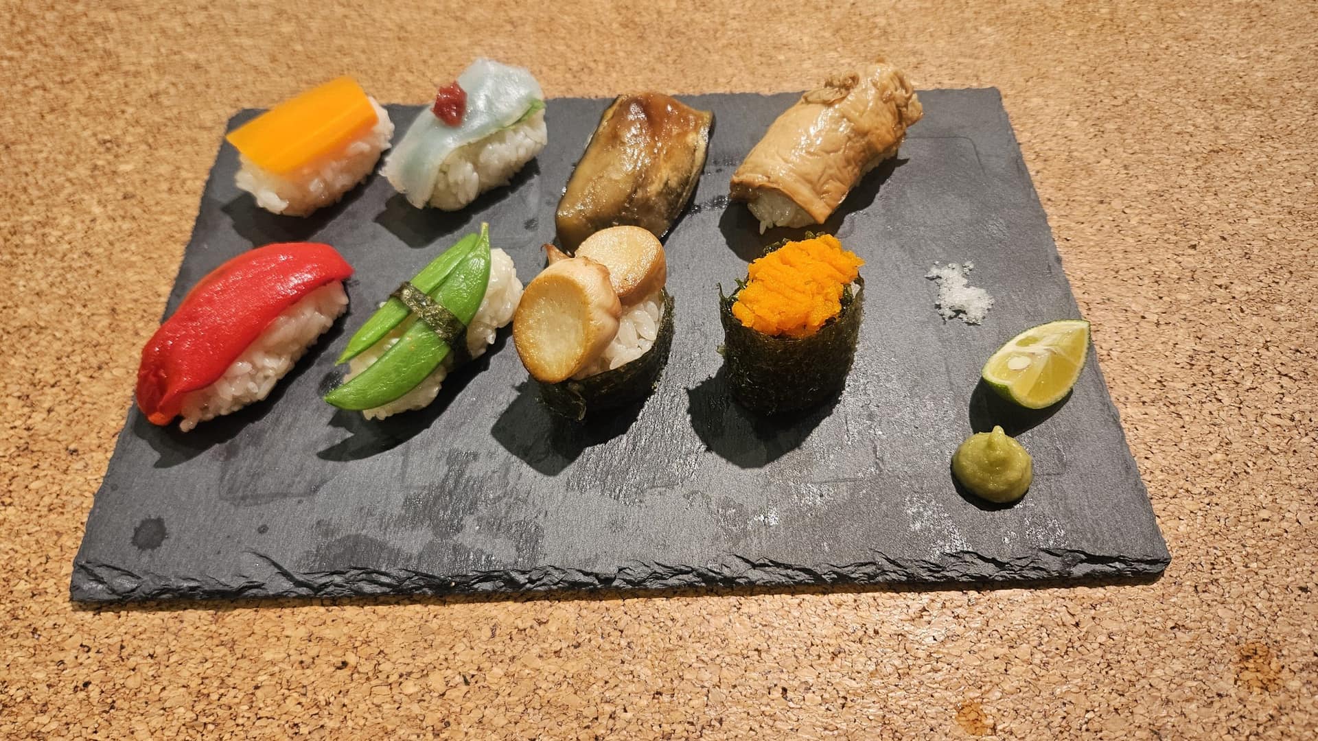 Nigiri by Chef Elliot Fabri on a slate board