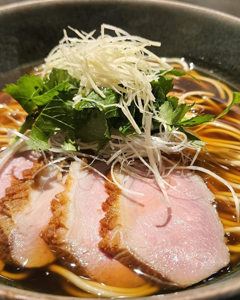 A bowl of noodles in broth with sliced duck and greens