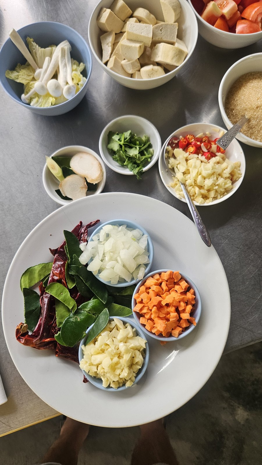 The mise en place laid out in bowls