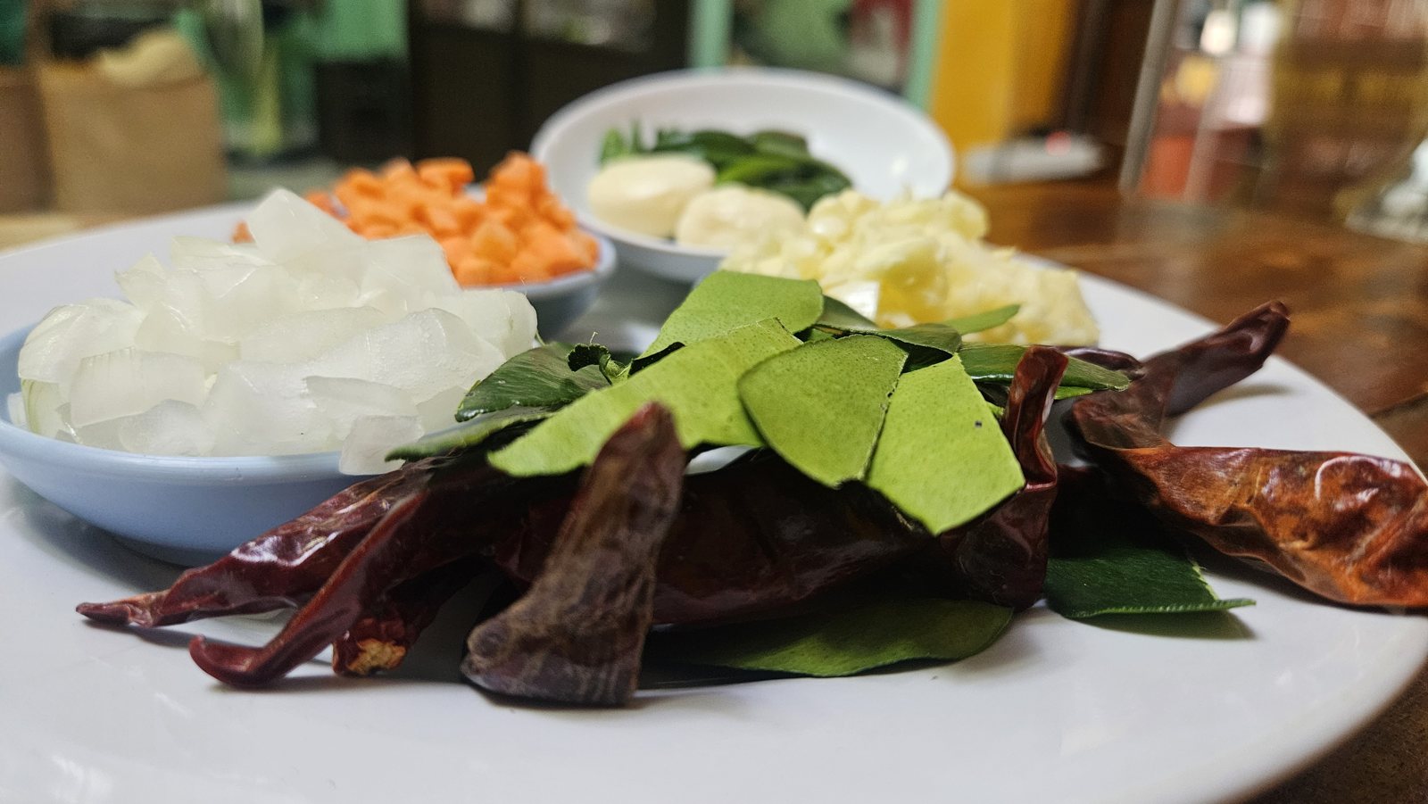 Dried chilies, lime leaves and shallots for the paste