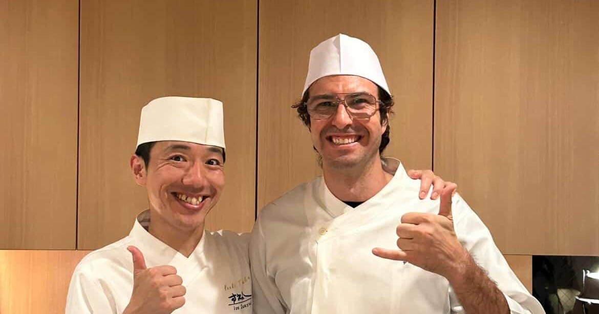 Chef Elliot with Chef Yuki Tanaka in chef whites at Ise Sueyoshi