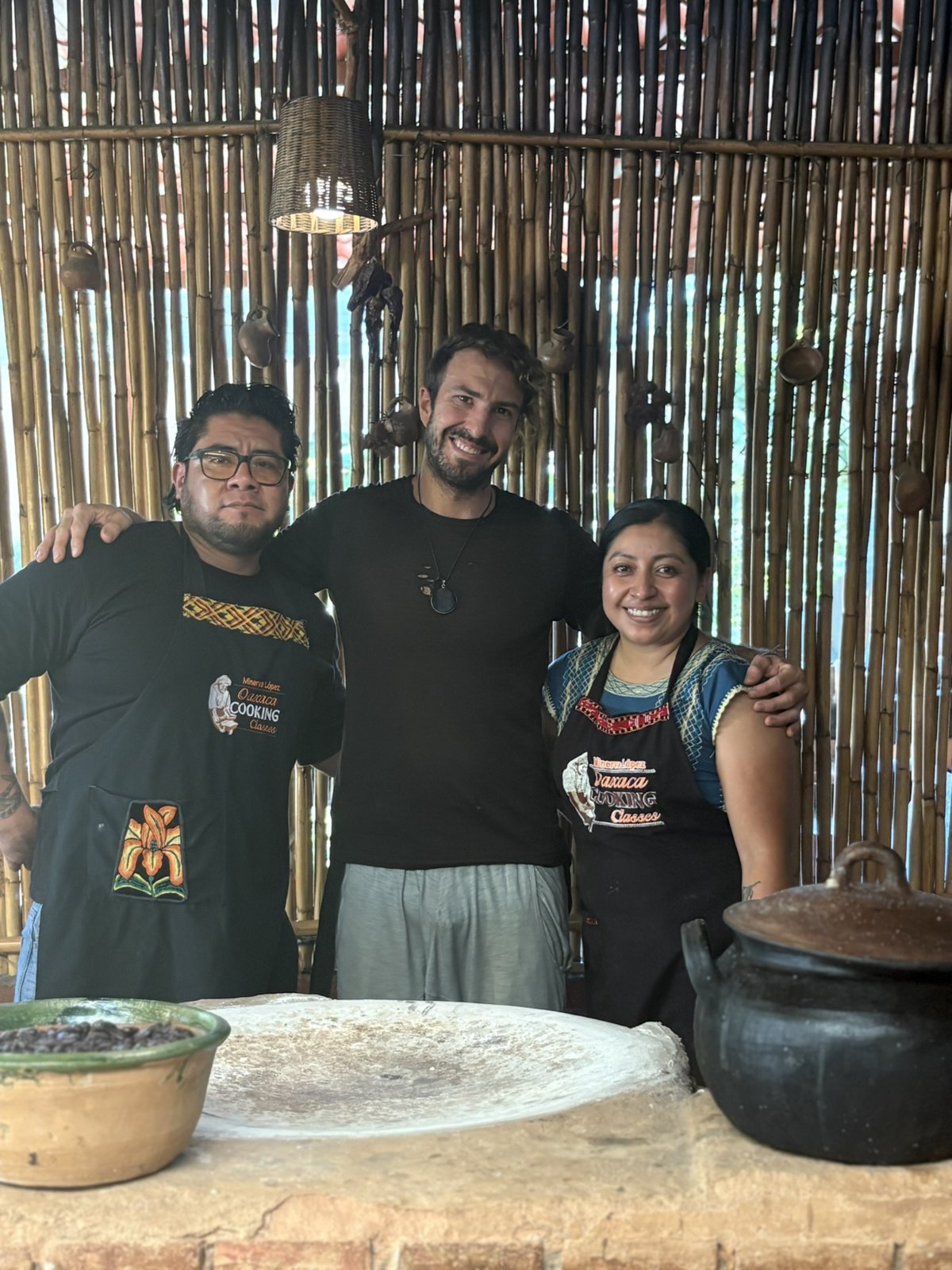 Chef Elliot between the two teachers of the Oaxaca class