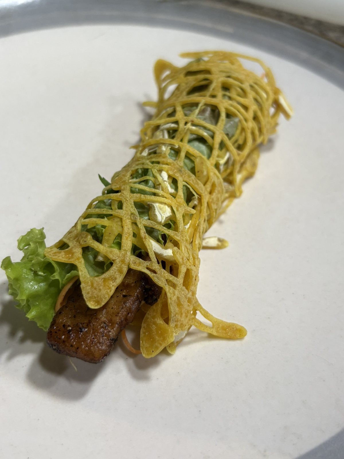 The plated roll with the noodle nest